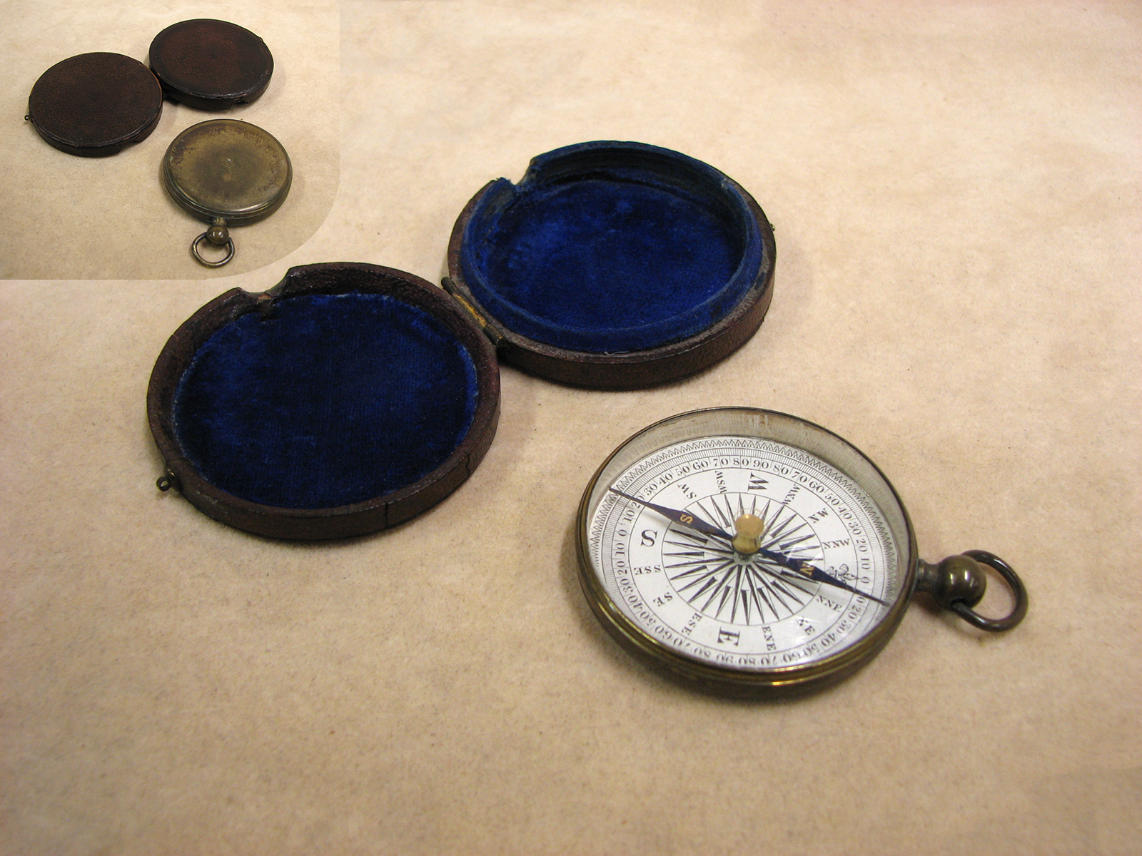 Early Victorian pocket compass in leather covered outer case circa 1860